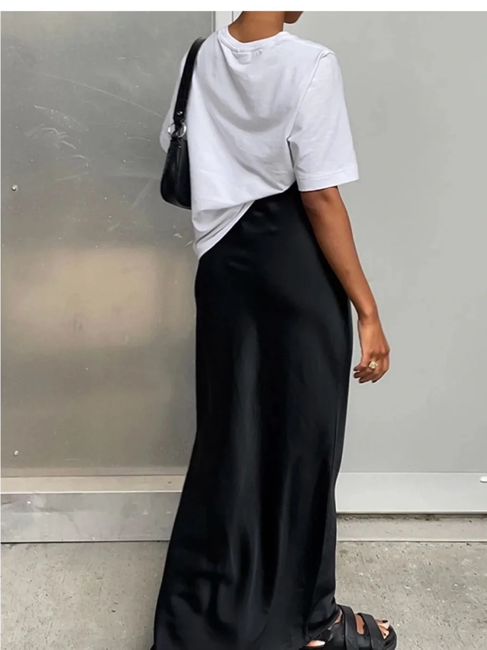 Commense Black Satin Maxi Slip Skirt
